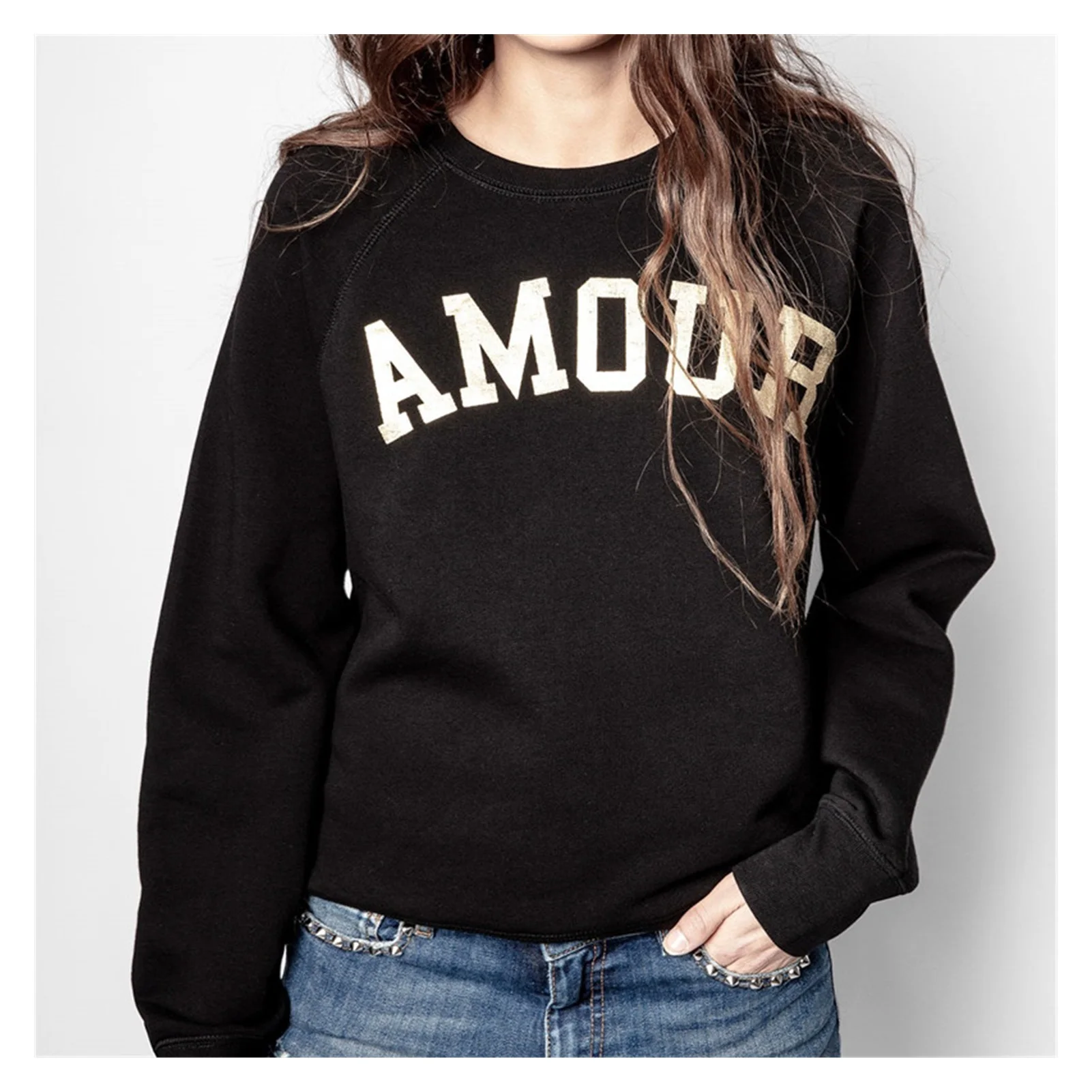 Women Black Sweatshirt Gold Letter Print 100% Cotton New 2022 Spring Autumn Long Sleeve Casual Sports Clothing