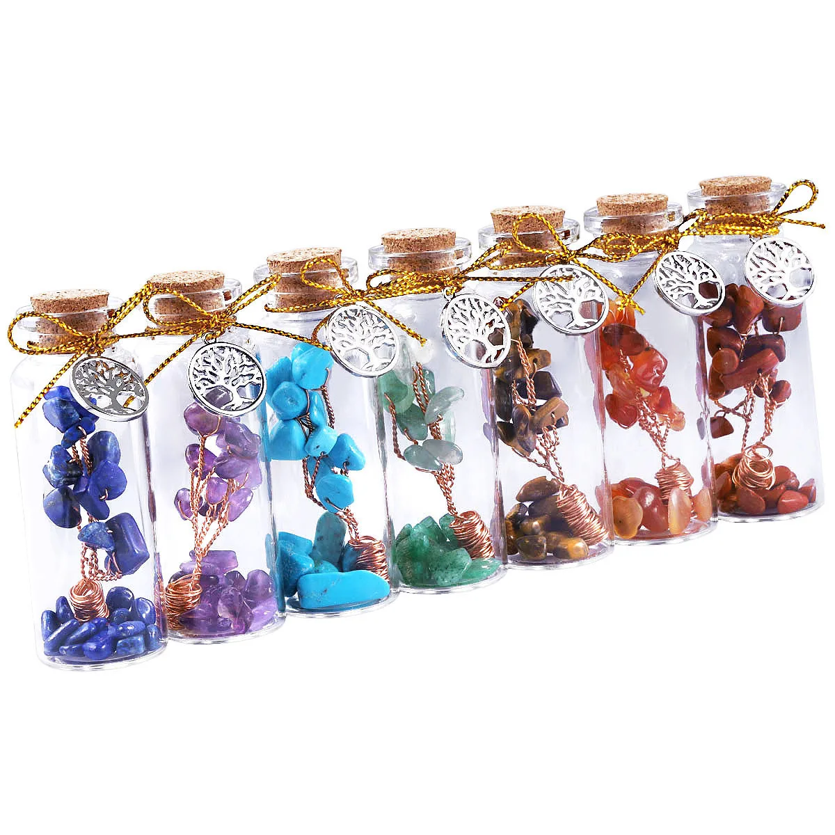 

7Pcs/Set Natural Crystal Tree Of Life Wishing Bottles Healing 7 Chakra Tumbled Semi-Precious Stone For Meditation Home Decor