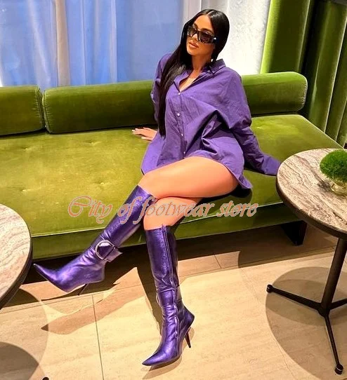 

Женские сапоги с металлическим острым носком, фиолетовые, зеленые, черные кожаные сапоги до колена на шпильке, дизайнерская обувь с металлической пряжкой, новинка 2022