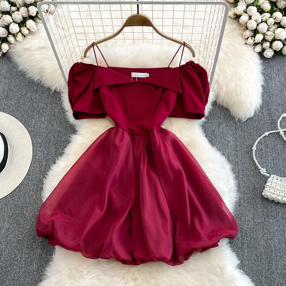 

Retro Court Style One-line Shoulder Strapless Halter First Love Waist Dress