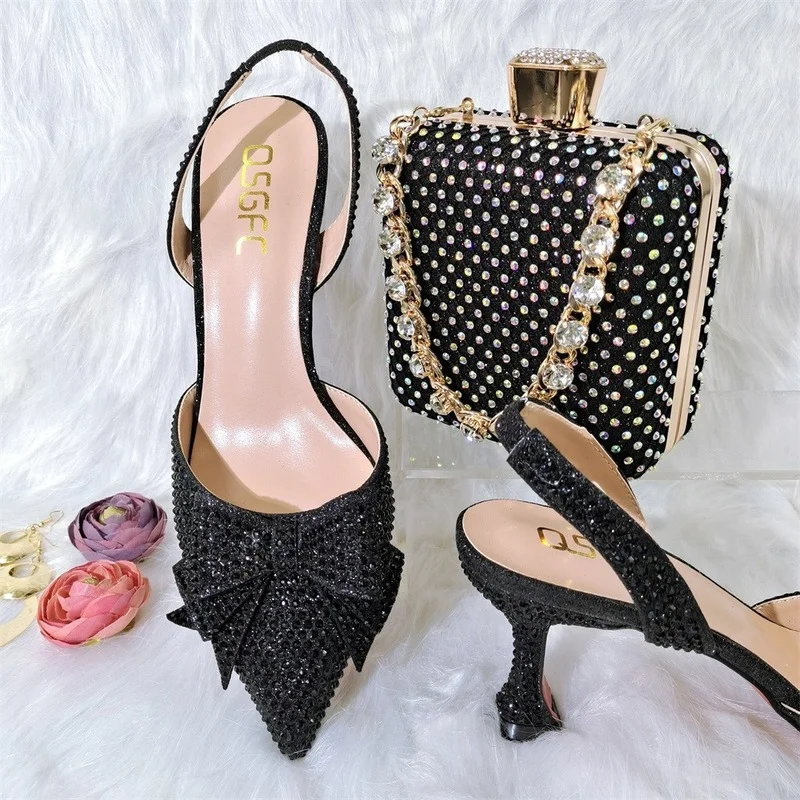 

New Full Of Crystal Decoration Style Wine Glass Heel Friends Party Shoes Nigerian Fashion Ladies Shoes And Bag For Party Wedding