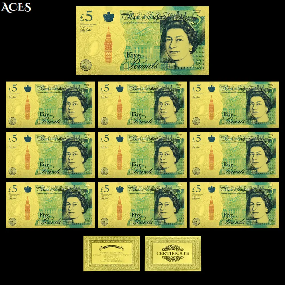 

10pcs Pound Gold Banknotes 2016 Years Edition 5 10 Pound Uncurrency Ticket The Queen of England and Churchill Notes Home Decor