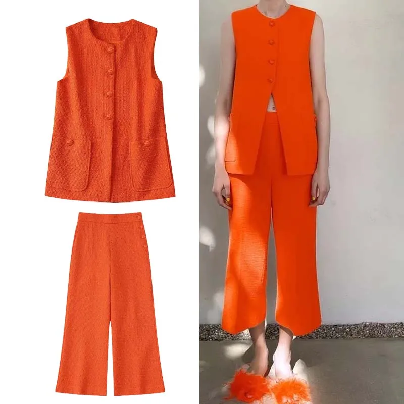 

TRAF ZA&ree 2Pieces Women Suit Feather Sleeve Pants Sets 2022 Suit + Elastic Waist Pants Casual Fashion Street Pants Sets
