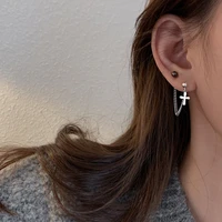 asymmetry silver color cross chain drop earring cool punk vintage round bead earring for girl women earring fashion jewelry