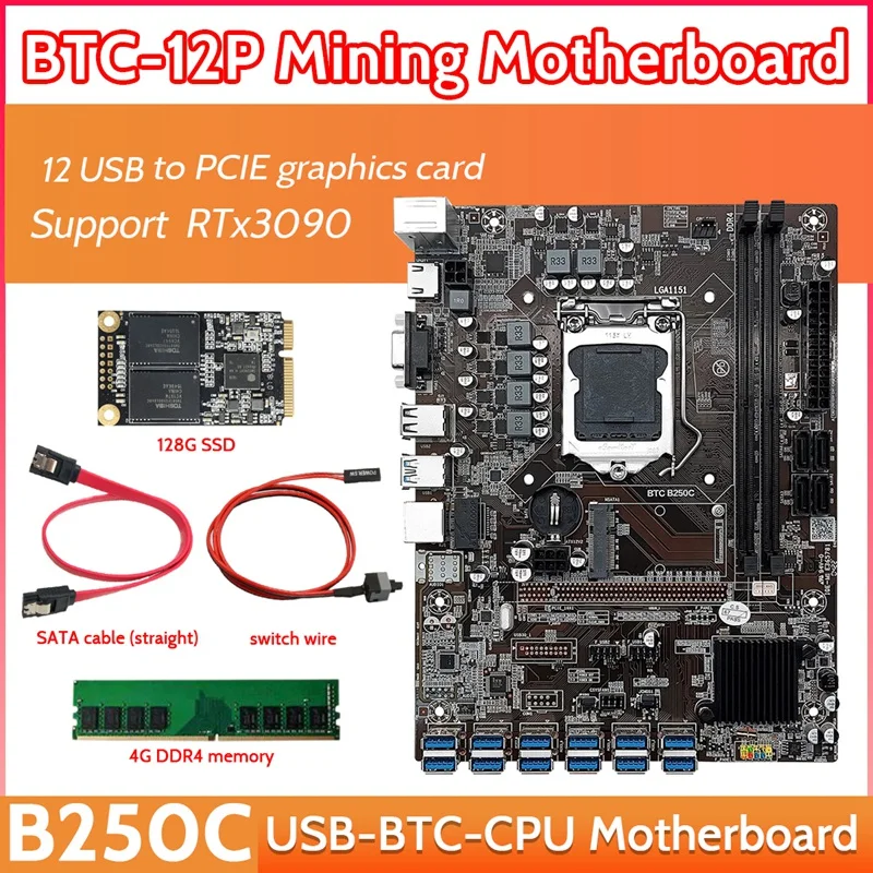 B250C 12 Card GPU Mining Motherboard+4G DDR4 RAM+128G SSD+Switch Cable+SATA Cable 12XUSB3.0(PCIE 1X) LGA1151 DDR4 MSATA