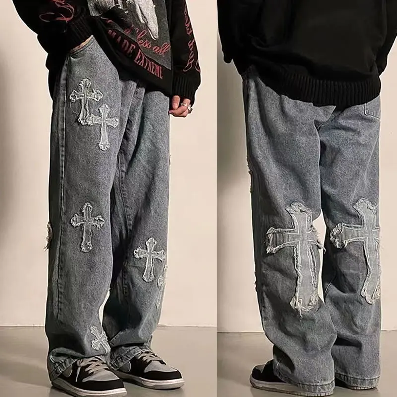 

Men Emo Korean Harajuku Streetwear Alt Jeans Wide Leg Baggy Denim Pants Grunge Embroidered Low Waist Trousers Y2k Brand Clothes