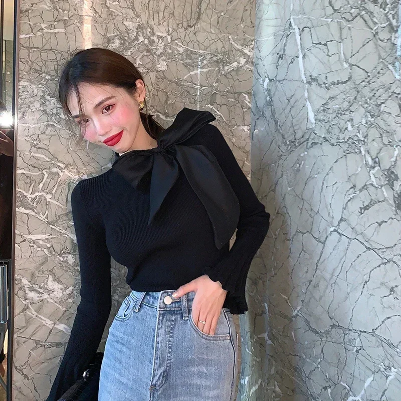 Ezgaga лента с бантом воротник женский элегантный свитер пуловер корейский