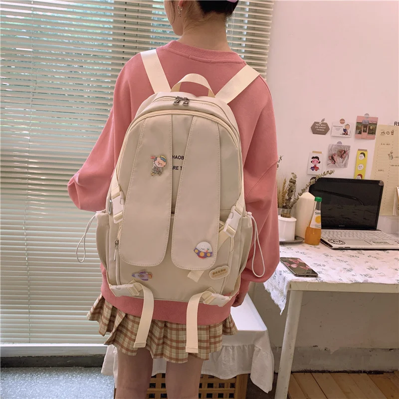 TRAVEASY Nylon Cute Rabbit School Backpack Female Kawaii Back Pack Pink Cartoon Woman Schoolbag for Girls New 2022 Waterproof