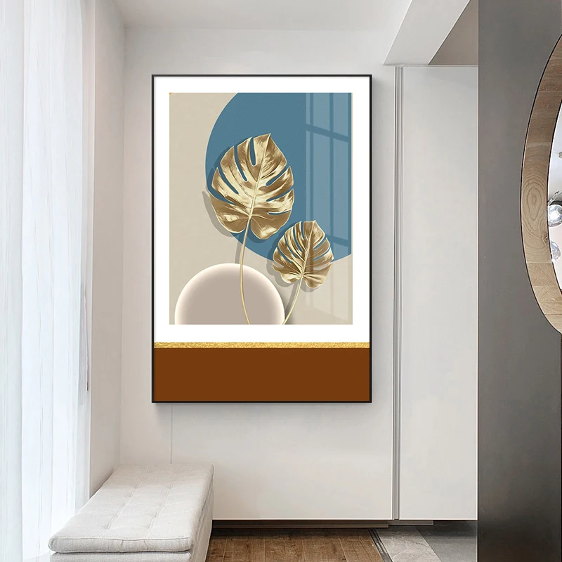 

Nordic Modern Abstract Canvas Painting with Frame Golden Leaf Wall Art Poster Prints Color Block Line Picture Living Room Decor