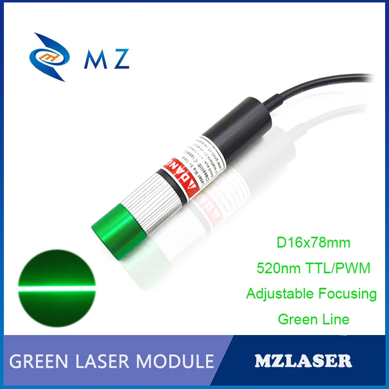 Лидер продаж, Регулируемый лазерный диодный модуль промышленного класса с зеленой линией и регулируемой фокусировкой, D16 мм, 150 нм, 110 МВт, градусов