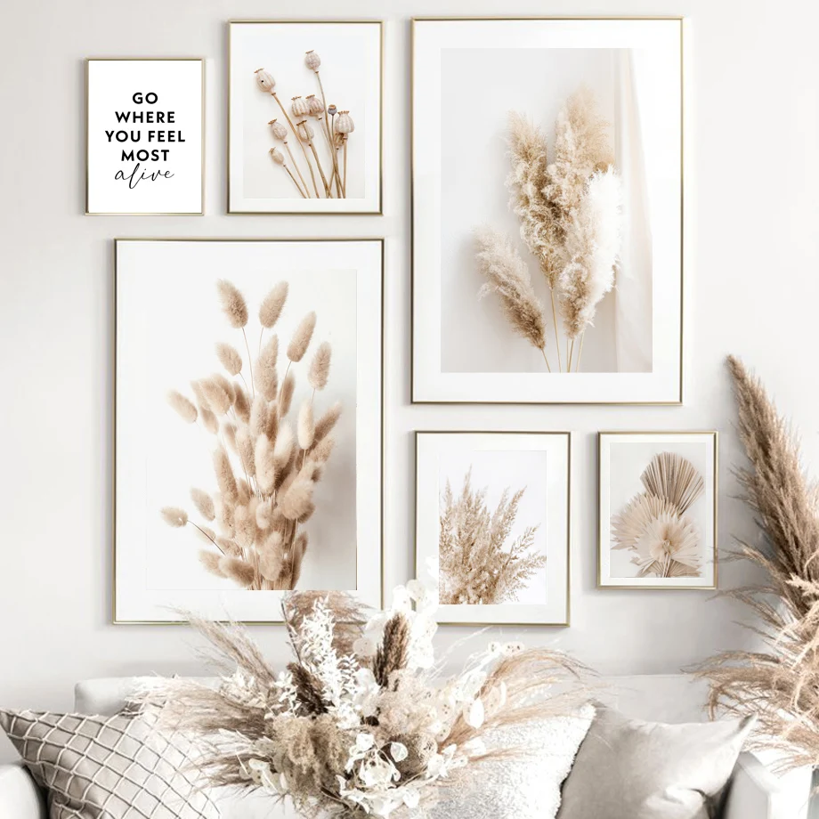 

Beige Bunny Tail Grass Reed Flower Leaf Wall Art Canvas Painting Nordic Posters And Prints Wall Pictures For Living Room Decor