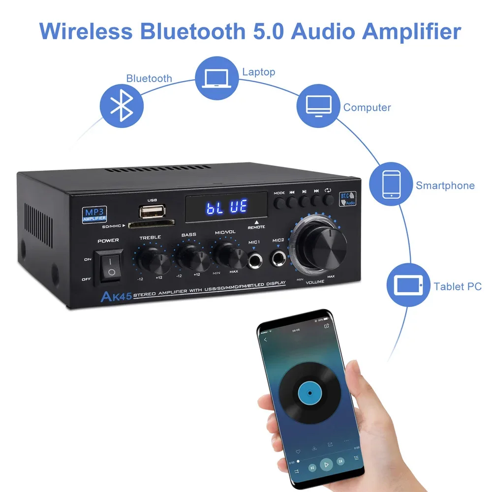 Фото AK45 HiFi цифровой усилитель Bluetooth MP3 канал 2.0 звуковой усилитель с поддержкой 90 В-240 В для домашнего автомобиля (MAX 300 Вт * 2) USB SD микрофонный вход №3