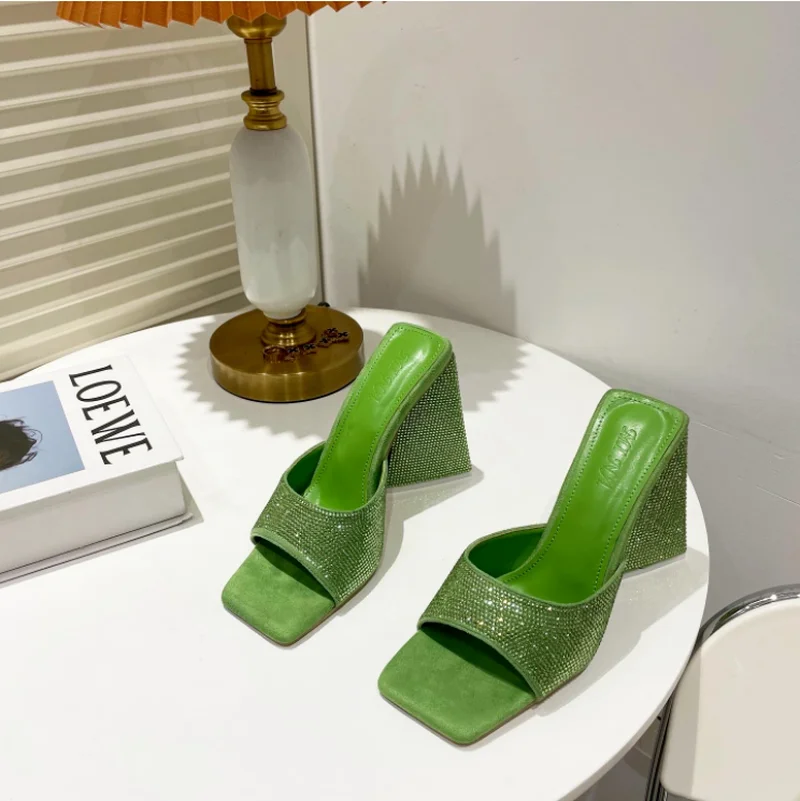 New Summer Triangle Thick Heel Slippers Sexy Street Woman Square Toes Dress Party Shoes Size 35-41 Slippers Women Women Shoes
