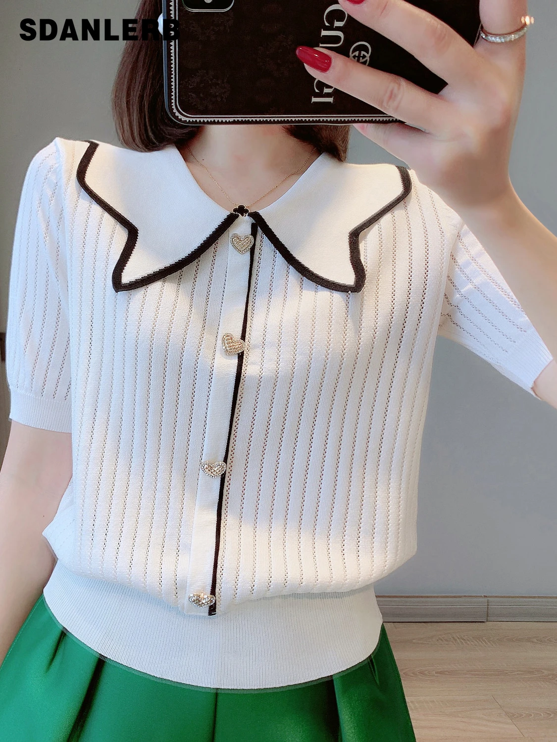

2022 Summer New Sweet Elegance Short Sleeve T-shirt Doll Collar Hollow Loose Slimming Ice Silk Thin Knitwear Cardigan for Women