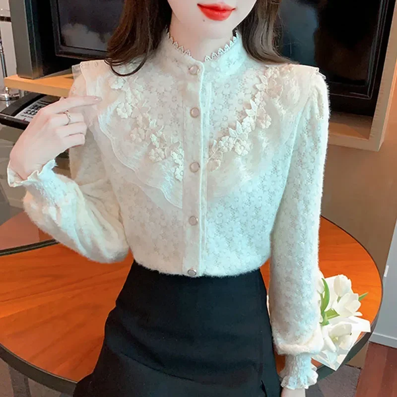 Новая кружевная женская рубашка с воротником-стойкой и длинным рукавом