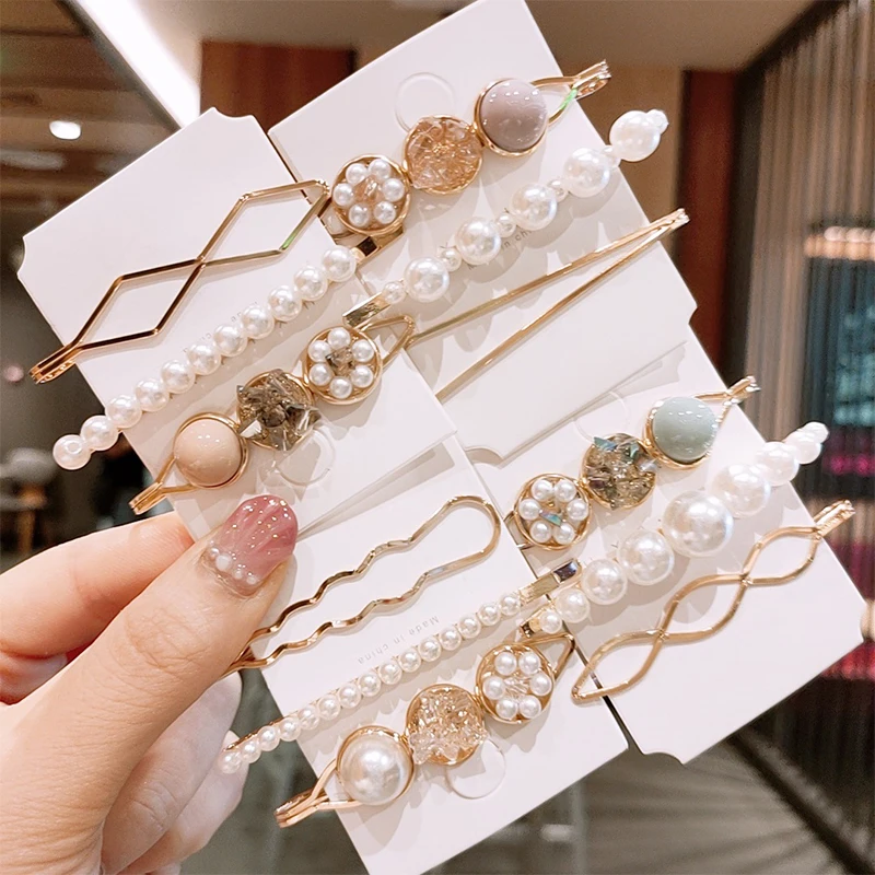 

3PCS/SET Elegant Korean Version Pearl Hair Clip Geometry Metal Hairband With Rhinestones Hairpin Women's Hair Accessories
