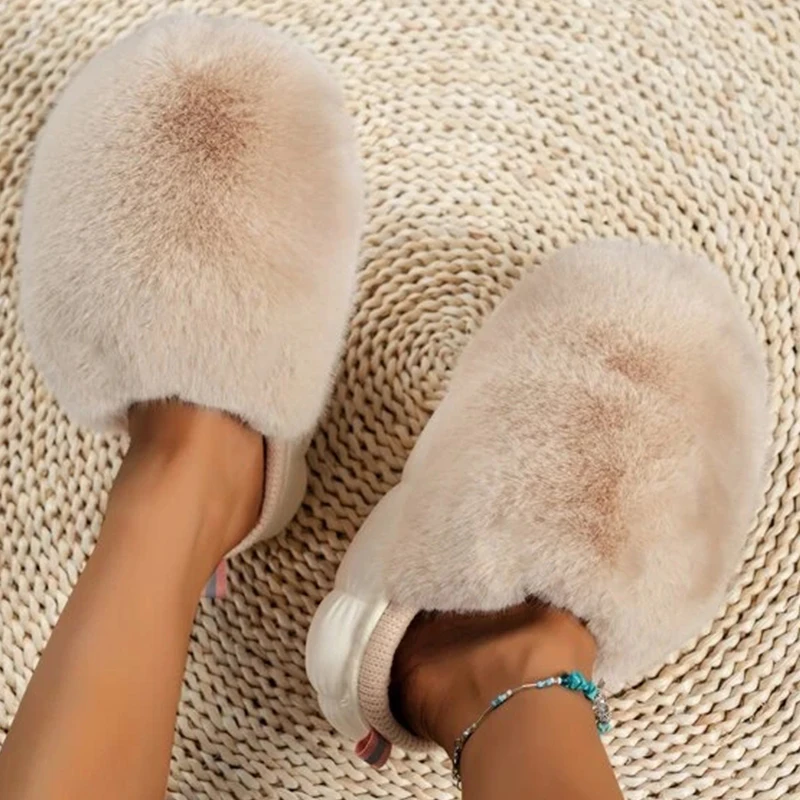 

2022 New Thick Bottom Fluffy Plush Women Slippers Winter Keep Warm Indoor Soft Leisure Fashion Solid Color Home Ladies Shoes