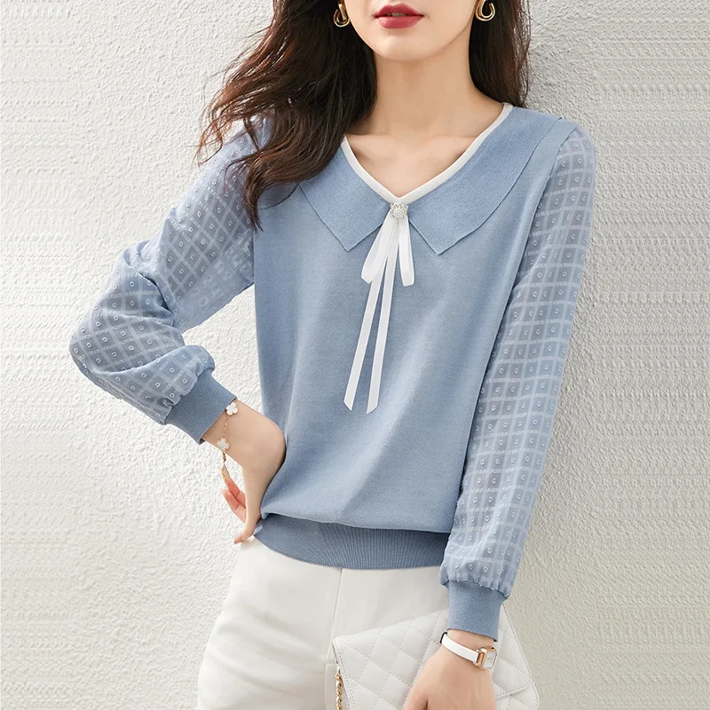 2022 lantern sleeve stitching fake two-piece knitted sweater women's new niche pullover doll collar top autumn  Regular