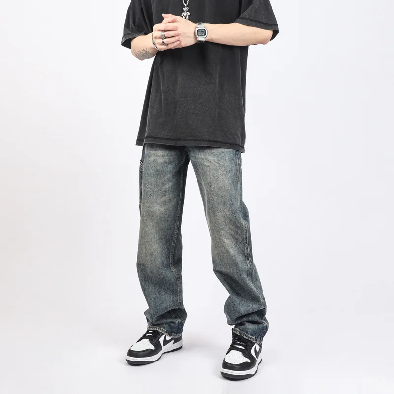 High Street Retro Dark Blue Straight Loose Streetwear Mens Jeans Casual Denim Wide Leg Pants Baggy Full Length Trousers