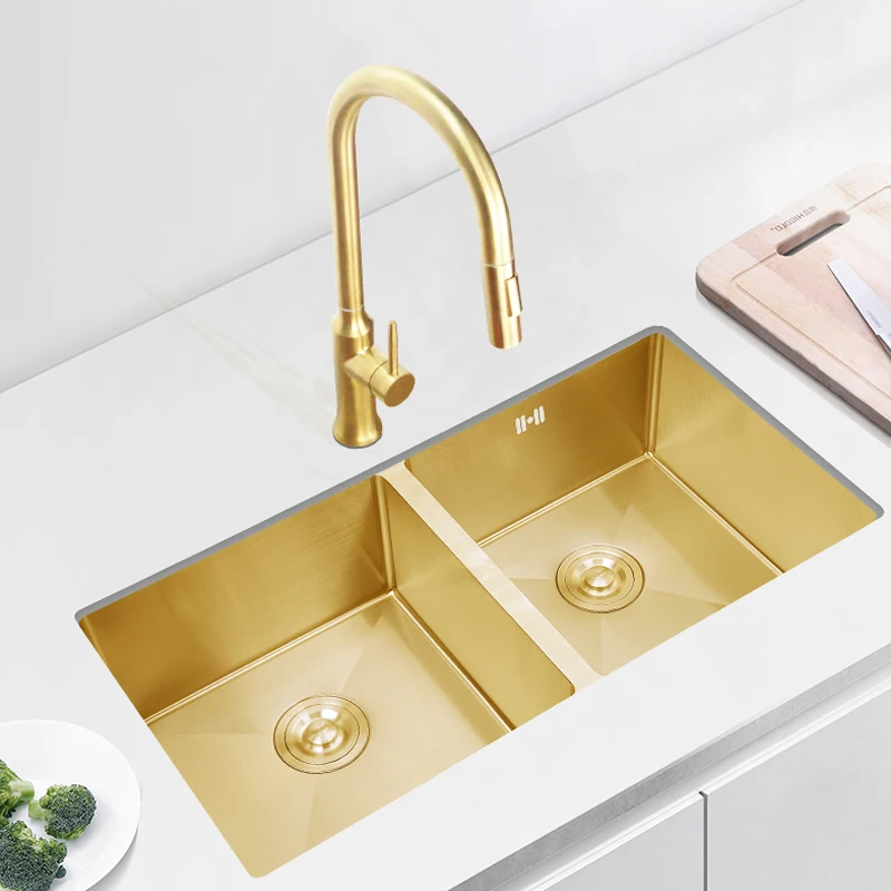 85x45 cm brushed gold kitchen sink under counter vegetable wash basin 304 stainless steel double bowl of the same size | Обустройство