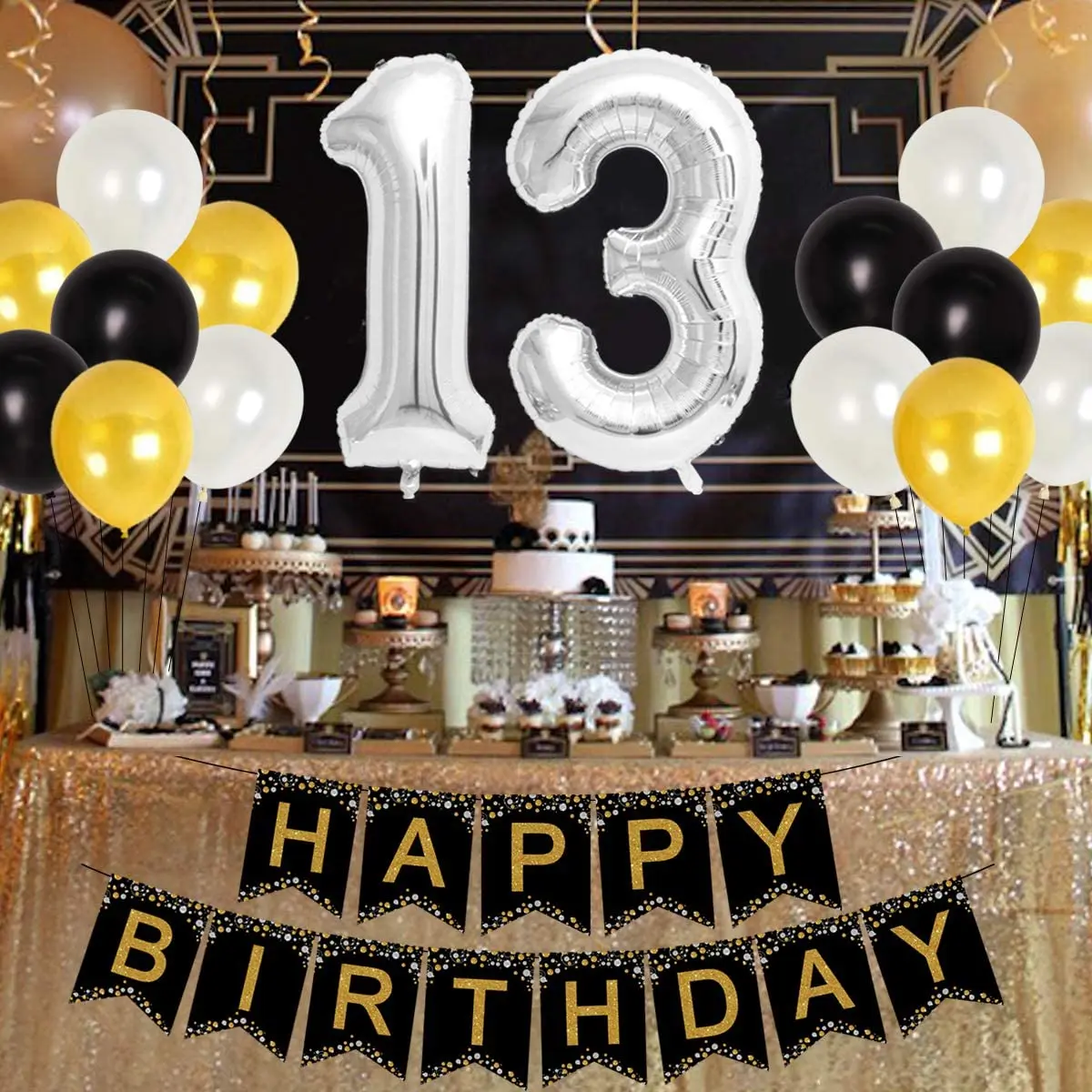 

JOLLYBOOM Black Gold Birthday Party Balloon Set with Number 13 Foil Balloon Hanging Swirl for 13th Birthday Decoration Supplies