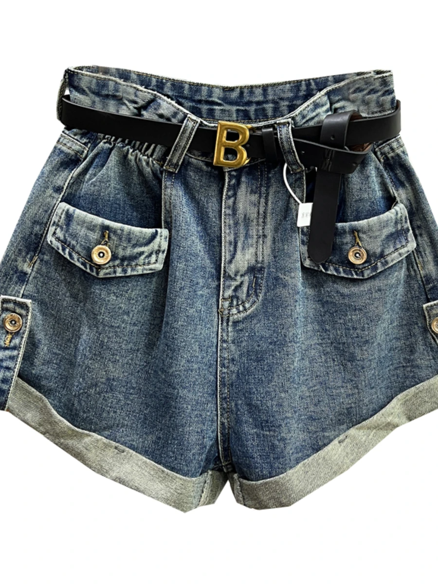 Letter B Belt Curling Wide Leg Shorts Women 2023 New Spring Summer Loose Pockets Denim Shorts Female Pantalones Cortos De Mujer