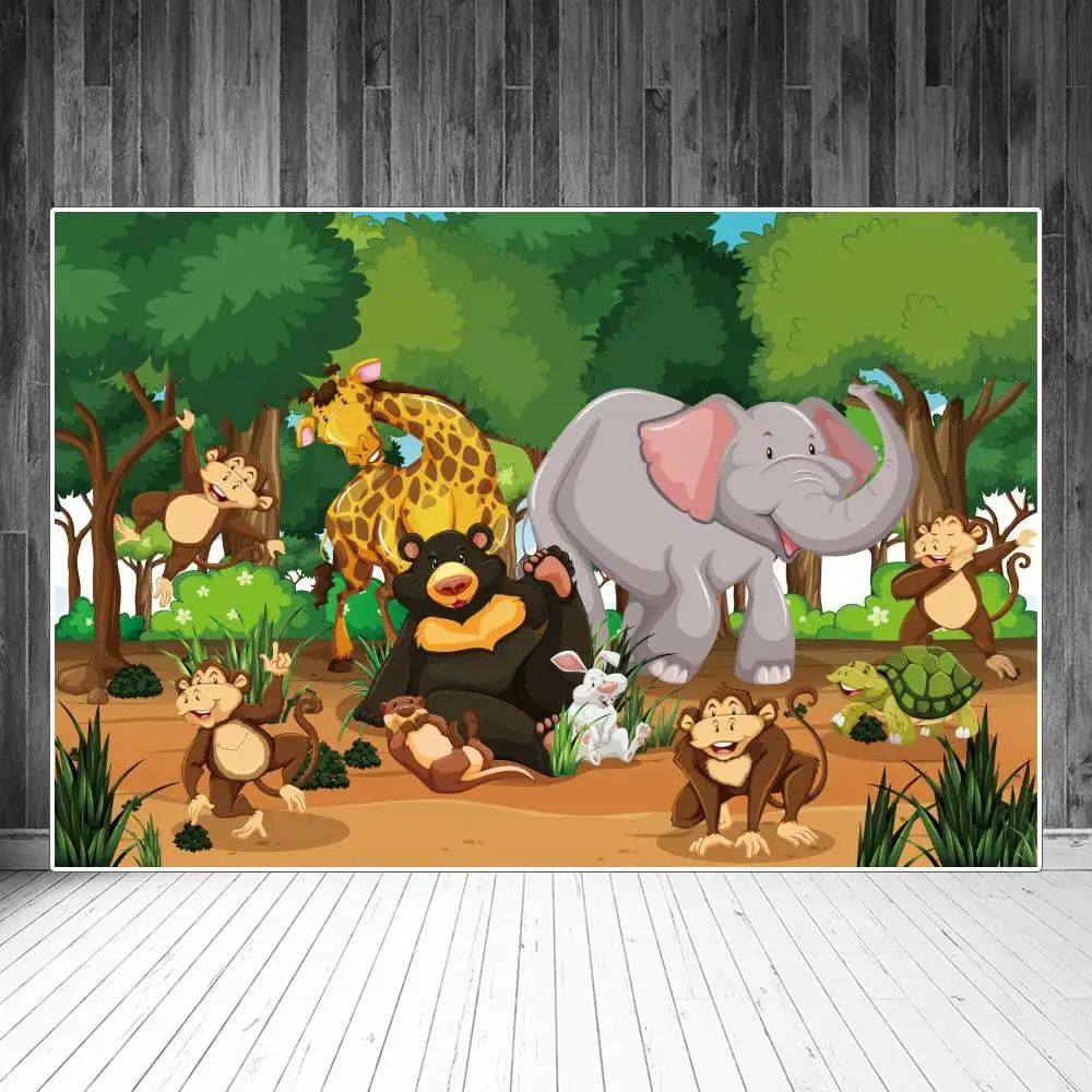 

Jungle Forest Safari Party Photography Backdrops Birthday Decoration Animal Elephant Sign Kid Photobooth Photo Backgrounds Props