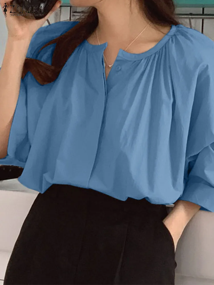 

Лето 2023, Повседневная Туника ZANZEA, топы, женская блузка с рукавом до локтя, женская модная рубашка с круглым вырезом, Однотонные блузки, элегантные женские блузы