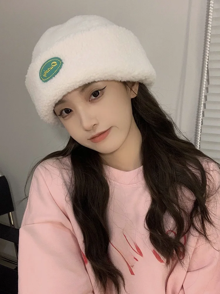 WN Japan fashion Ins White Lamb Wool Toque Women Make Your Face Look Менше Зимняя теплая плюшевая шапка