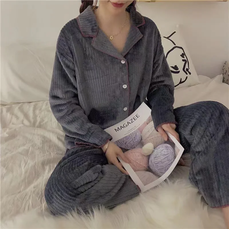 Autumn Winter Warm Coral Fleece Pajamas Set Women Pyjamas Long Sleeve Soild Sleepwear Pijama Suit Female Homewear Loungewear