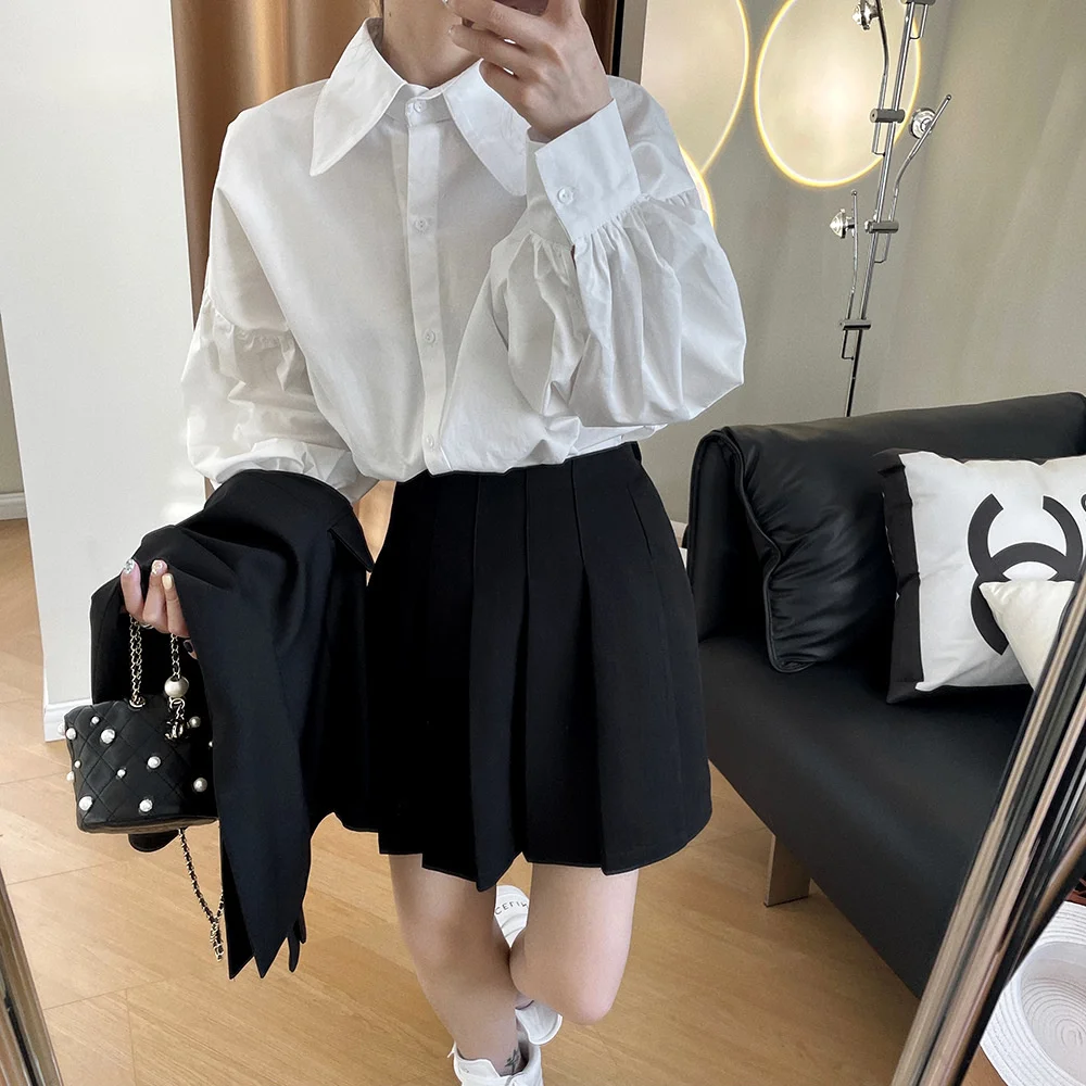 

Solid Lapel Puff Sleeve Shirts Dress Black White Spring Summer Women Blouse