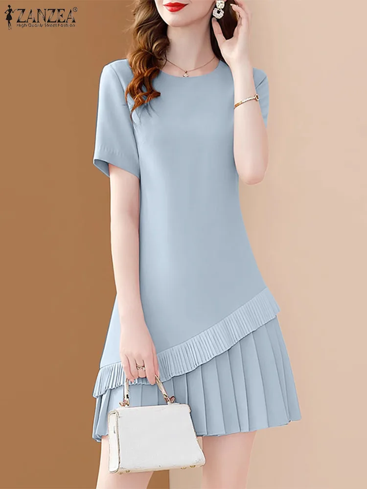 Платье ZANZEA женское Плиссированное модный элегантный однотонный Мини Сарафан с