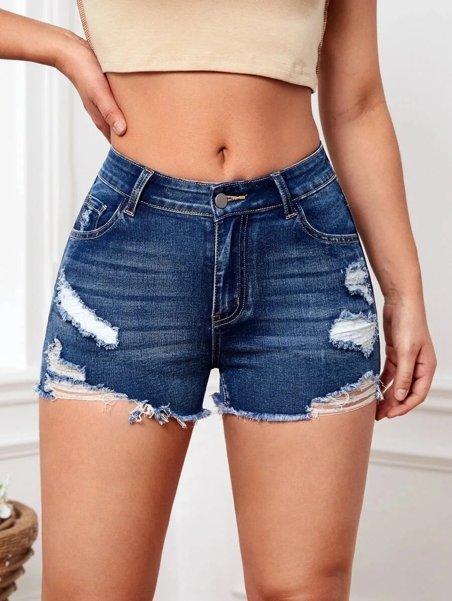

2023 Summer Slim Elastic High Waisted Blue Ripped Jeans Shorts for Women