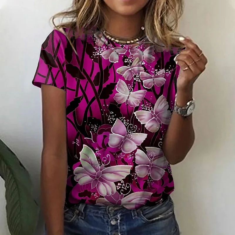 

Summer New 3D Butterfly Print Pink Temperament Women's T-Shirt Casual Everyday Oversized Elegant Ladies Top Loose Short Sleeves