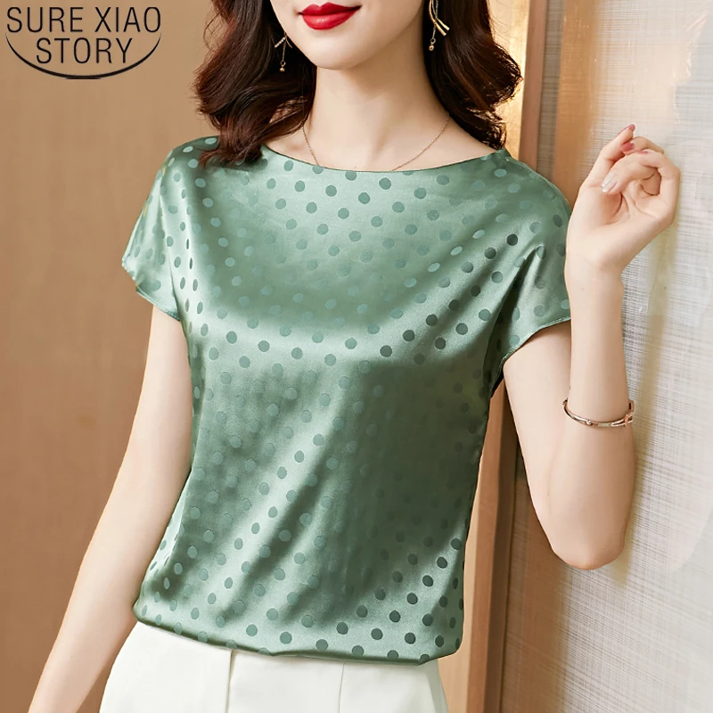 

Блузка Женская атласная в горошек, с круглым вырезом и коротким рукавом