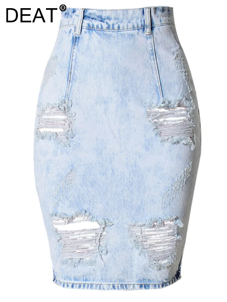 

DEAT Fashion Women's Skirt High Waist Streetwear Zipper Split Washed Blue Distressed Denim Skirts Spring 2023 New Tide 17A5584