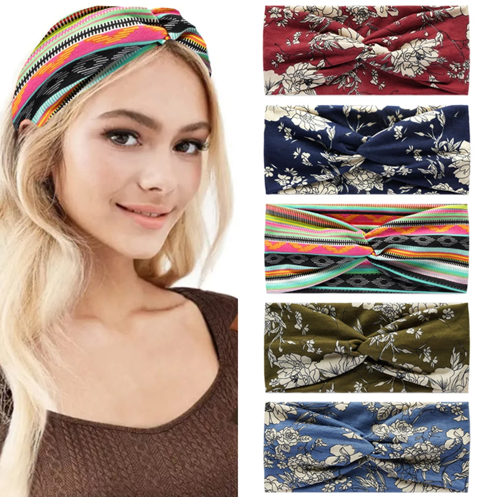 

Wide Headwrap Headbands For Women Boho Knoted Elastic Hair Bands Girls Hair Accessories Yoga Running Travel Print Turban Bandage