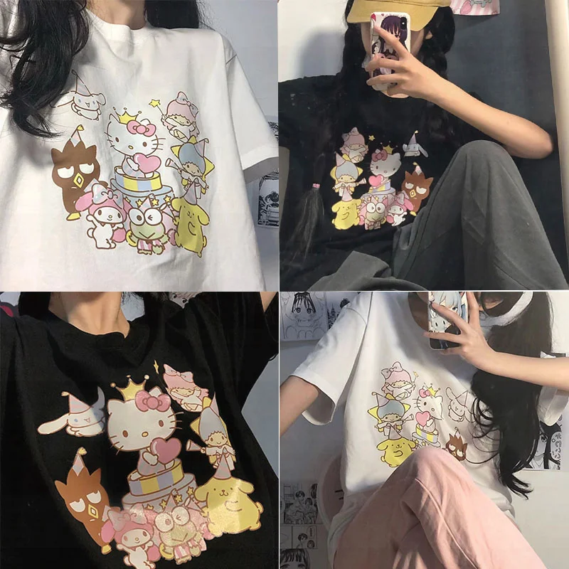 

Новинка Sanrio, футболка Hello Kitty Kawaii Kuromi My Melody мультфильм Новый универсальный с коротким рукавом принт Корейский студент свободный подарок