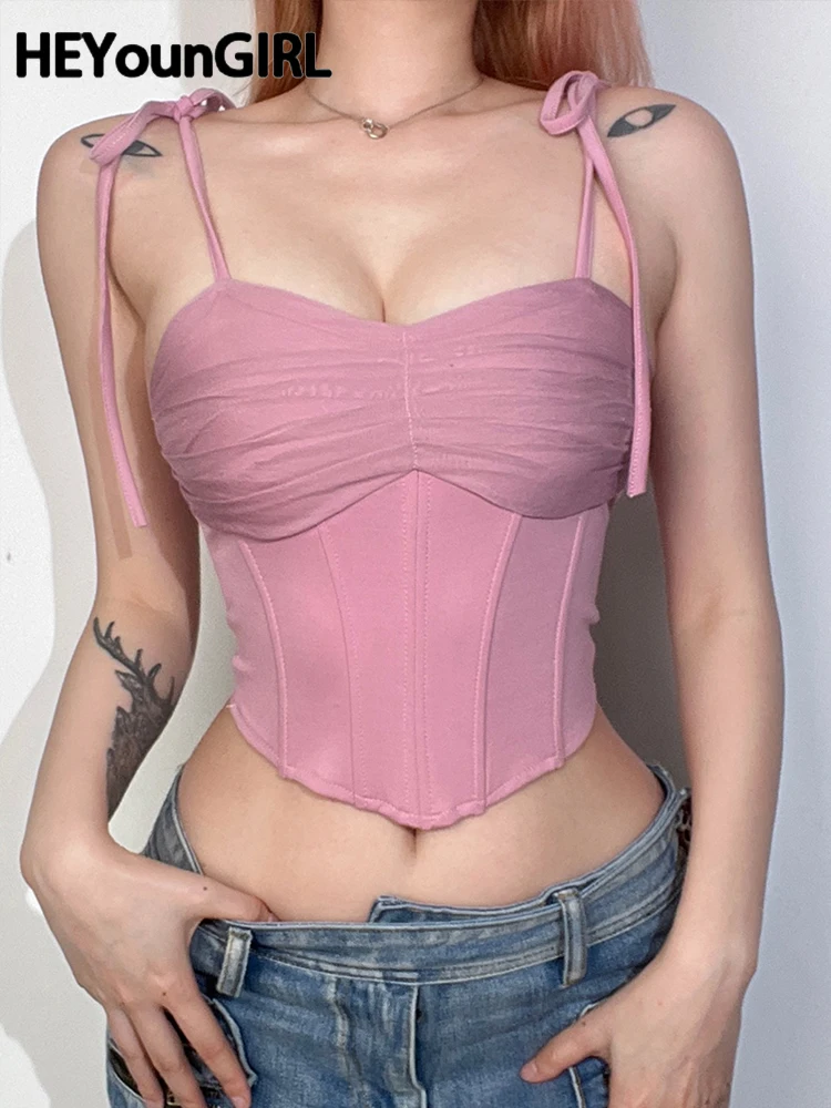 Сексуальная Женская Облегающая майка HEYounGIRL, лоскутный сетчатый розовый укороченный топ Y2K, повседневный топ с боковой молнией, наряды