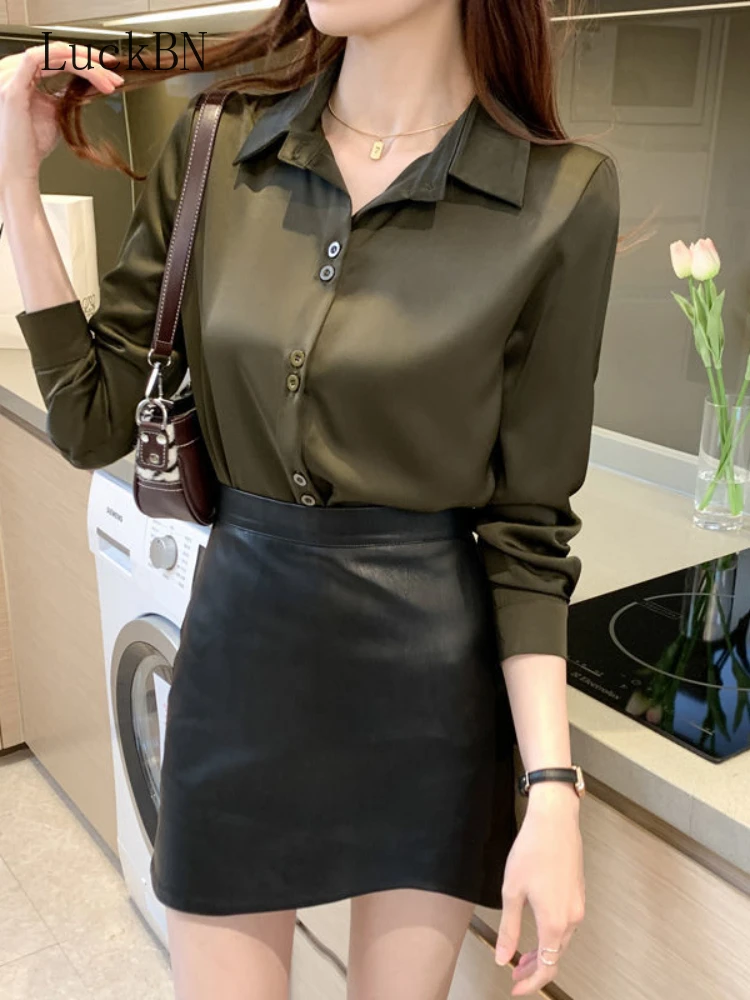 

Spring Women's Silk Shirts lapel Solid Tops Fashion Satin Long Sleeve Blouses Button Up White OL Vintage Top Camisas De Mujer