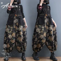 aricaca women casual spliced flower printed jumpsuits high quality big pockets denim overalls
