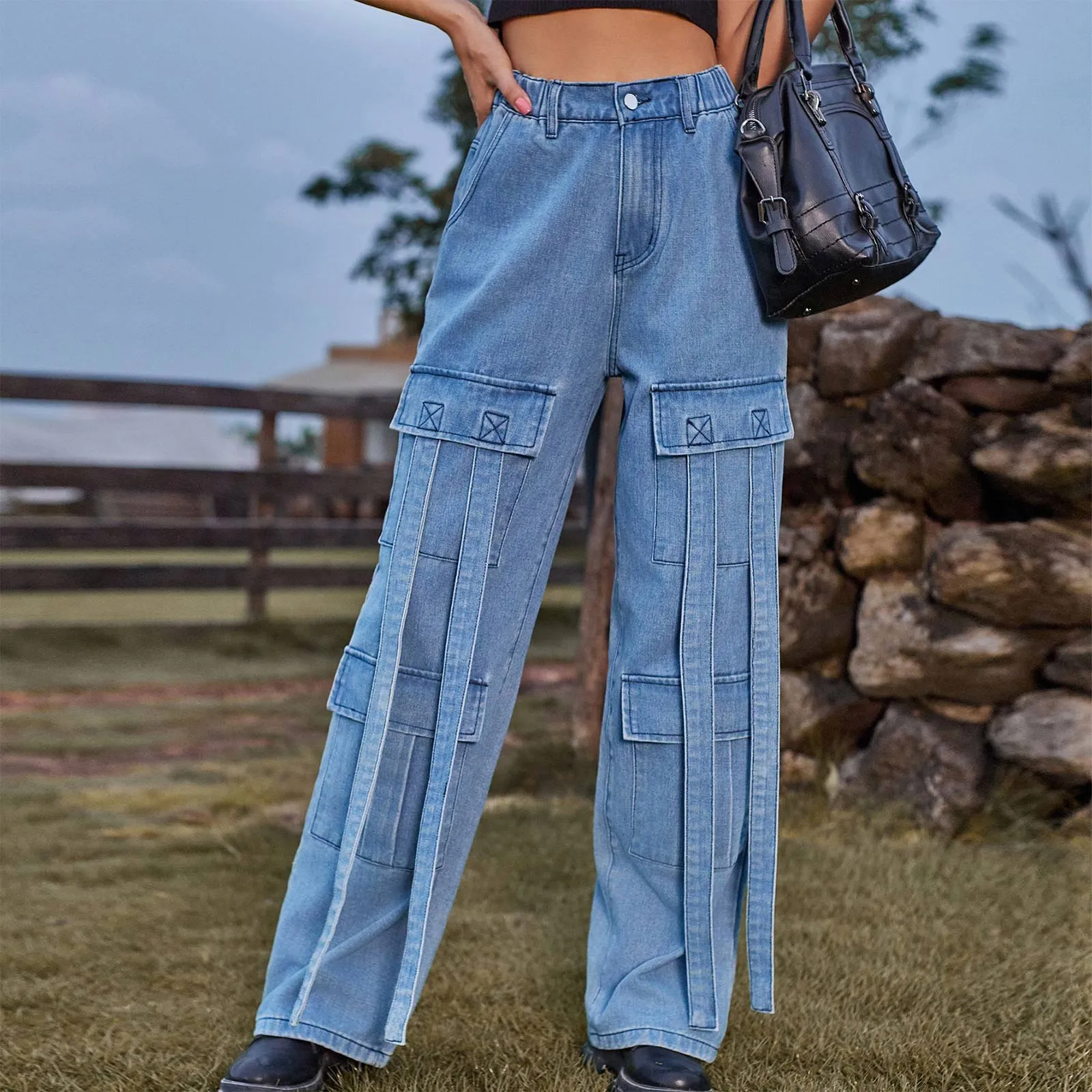 

Women's jeans Fashion Solid Color Washed Retro trousers Personality Heavy Industry Ribbon Design Denim Overalls Casual Pants