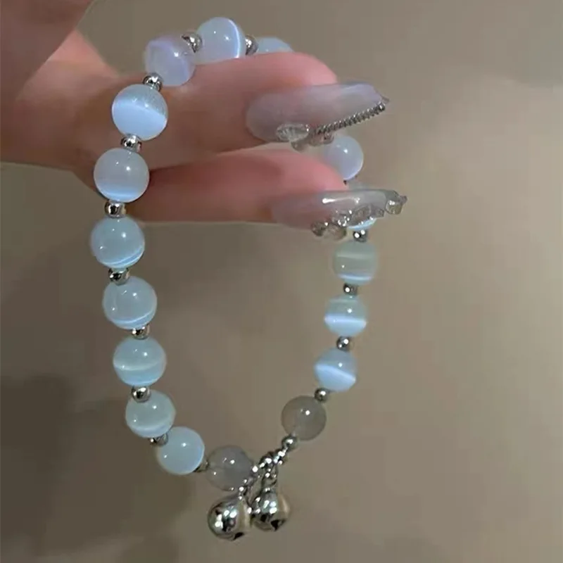 

New Shiny Cat Eye Stone Beads Bracelet for Women Cute Bell Pendant Charm Bracelet Girls Punk Hip Hop Hand Chain Friendship Gifts