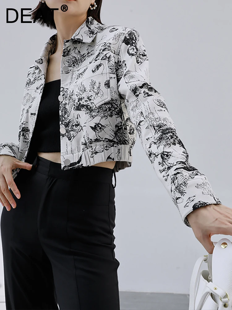 

Женская джинсовая куртка DEAT, однобортная жаккардовая укороченная куртка с отложным воротником и длинным рукавом, осень 2022