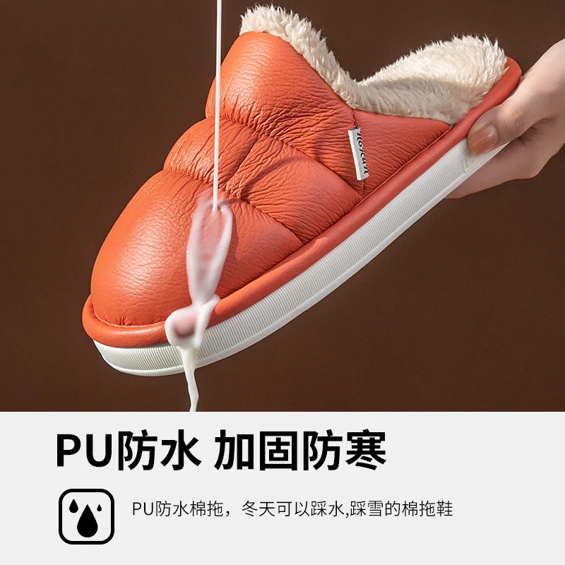 Home Cotton Shoes Women Winter Warm Slippers Unisex Pu Leather Waterproof Anti-Slip Soft Wraps Shoes Soft Memory Foam Sole Slids
