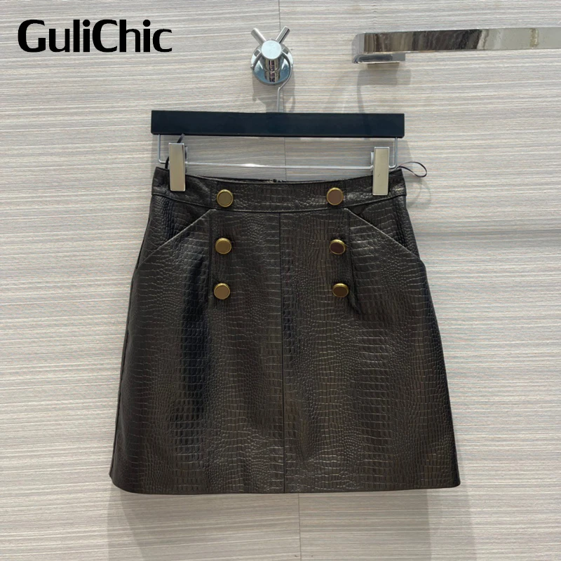 

7.26 GuliChic Women Luxury Vintage Button Decoration Crocodile Pattern High Waist Sheepskin Skirt