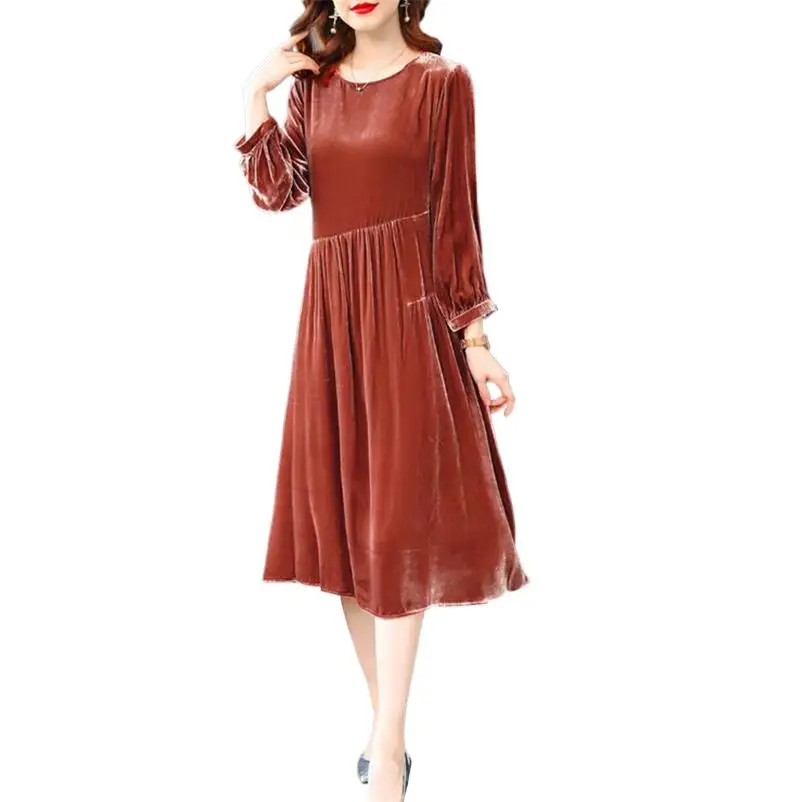 

Женское длинное велюровое платье-трапеция, элегантное свободное Повседневное платье с рукавом три четверти и оборками, осень 2023