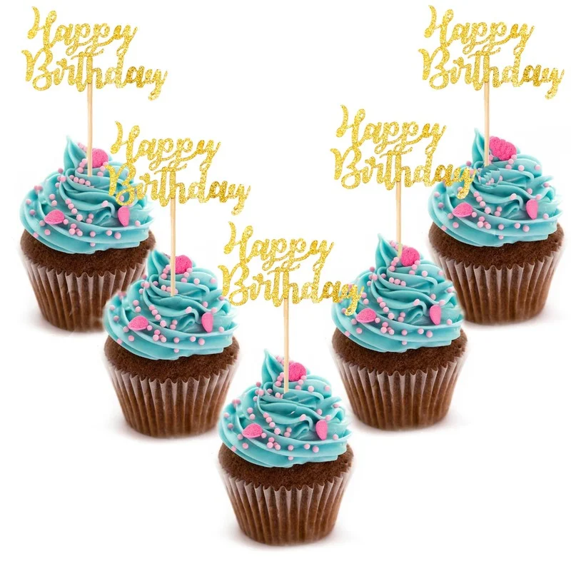 

10pcs Gittler Powder Happy Birthday Cake Topper Bling Sparkle Decoration Sign Cupcake Topper Girl`s Birthday Dessert Decor
