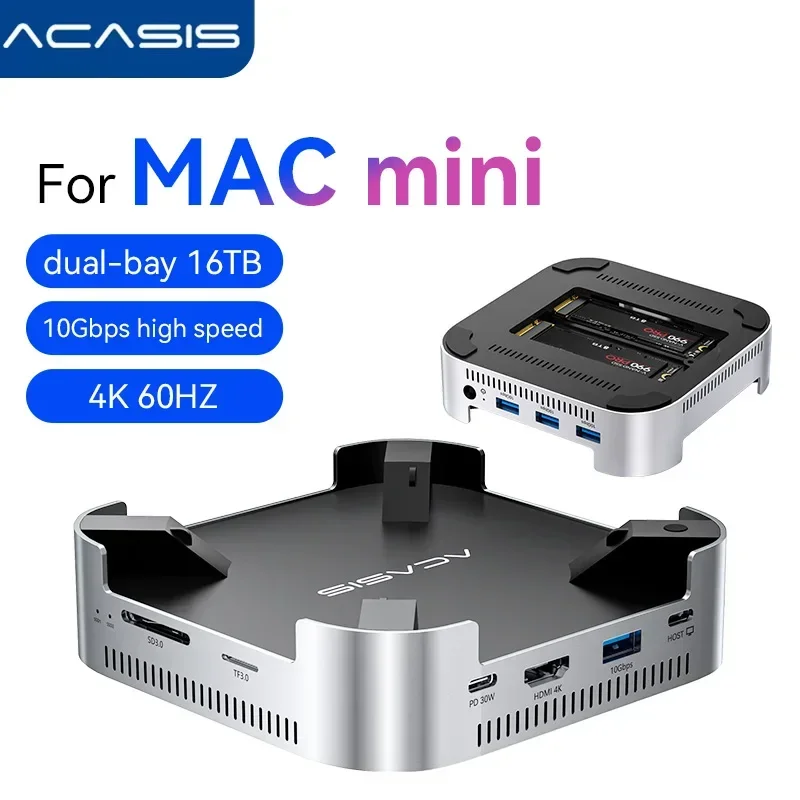 Фото Док-станция Acasis 10 Гбит/с USB-C и двойной слот M.2 NVMe SSD 16 ТБ HDMI SD/TF 3.0 PD30W для Mac Mini M4/M4 Pro с охлаждающим вентилятором №1