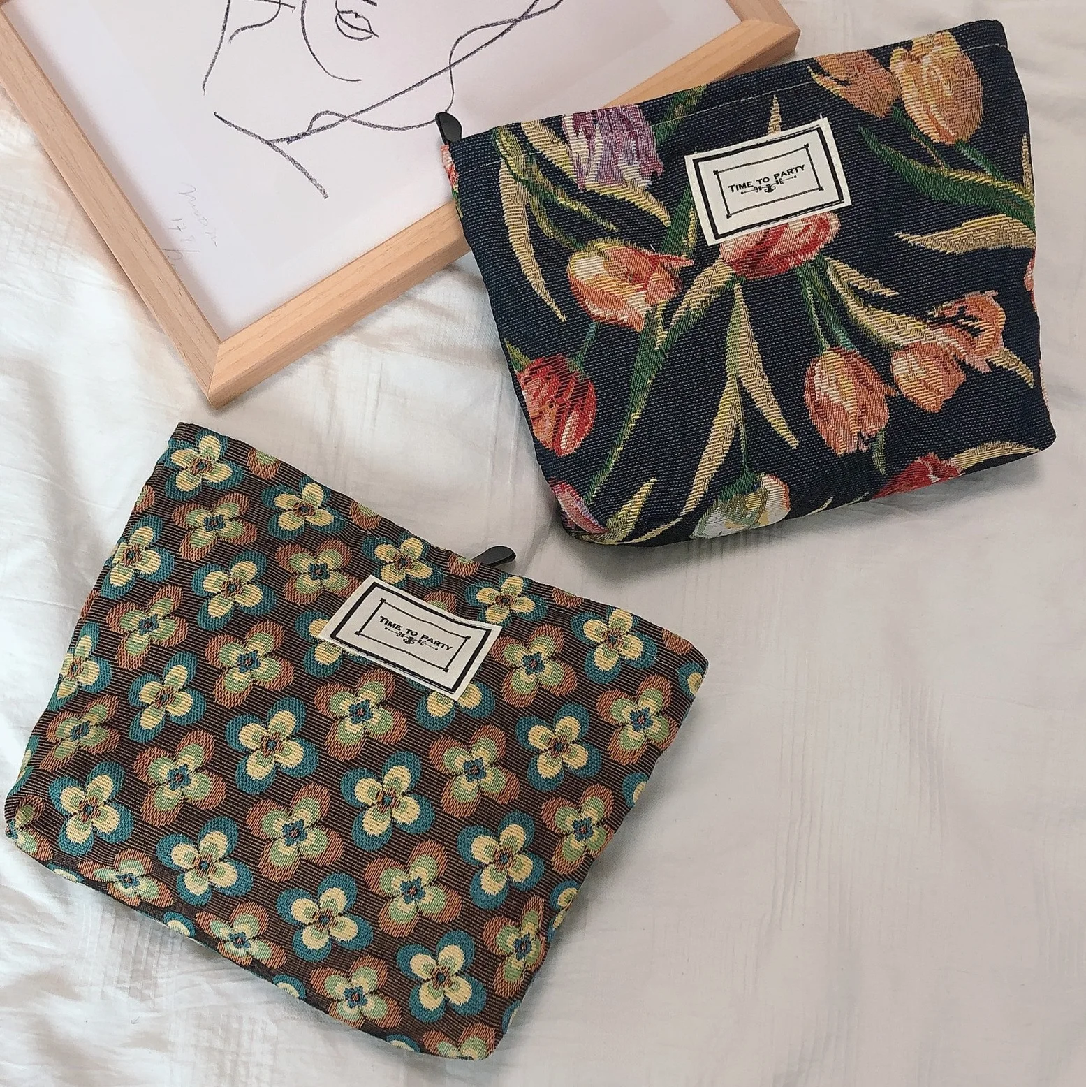 

Jacquard Flowers Makeup Organizer Bags Canvas Women's Cosmetic Bag Zipper Beauty Clutch Cotton Travel Toiletry Pouch Pencil Case